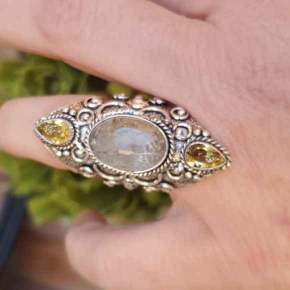 New Golden Rutile & Citrine 925 Silver Statement Ring. - Picture 8 of 16